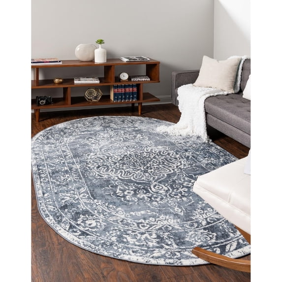 Contemporary Trabzon Collection Area Rug Blue-Ivory - 5'x8' Oval