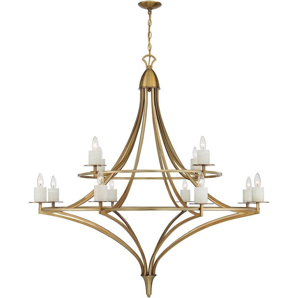 Warm Brass Twelve Light Chandelier with Stone Candle Sleeves