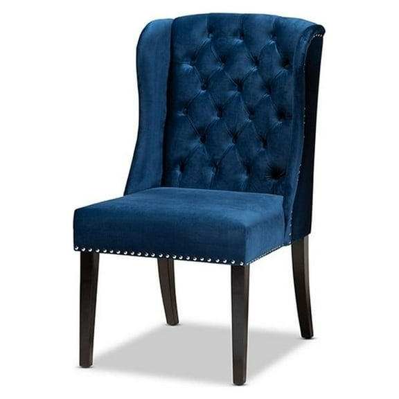 Contemporary Transitional Navy Blue Velvet Fabric Upholstered & Wood Wingback Dining Chair