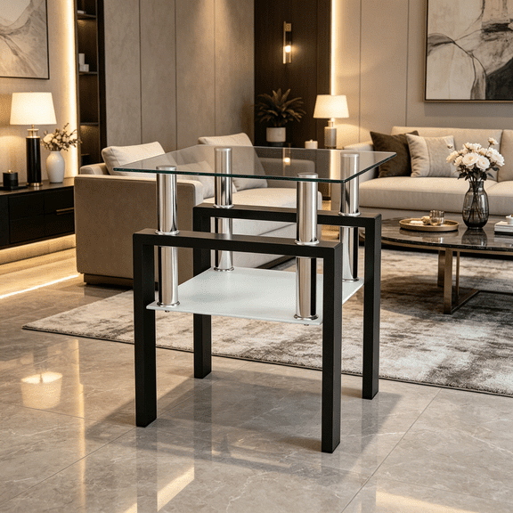 Contemporary Transparent Glass Coffee Table, Small Square Side Table with Metal Legs for Living Room & Apartment