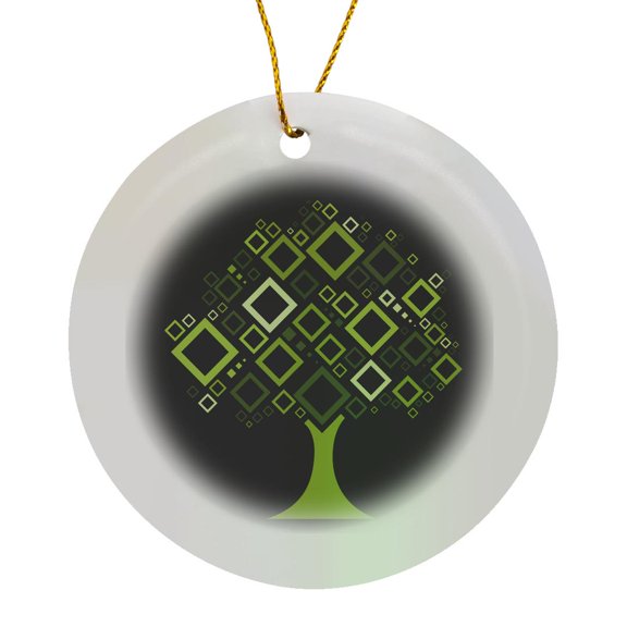 3drose, Contemporary Tree with Diamond Shaped Leaves in Green Against a Black Background, Circle Porcelain Ornament