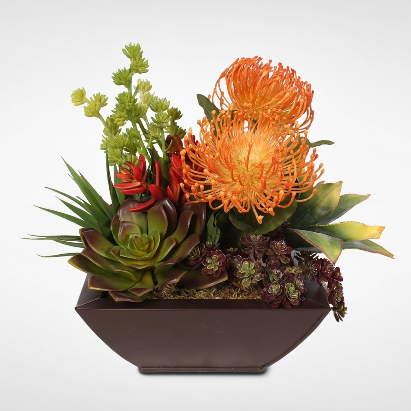 11" Orange and Green Artificial Protea Succulent Arrangement in Brown Metal Pot