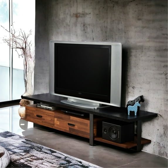 Contemporary Tv Stand With Black Metal Base And Walnut Top For 50-59" Flat Screen Tvs Area Spacious Frame Construction