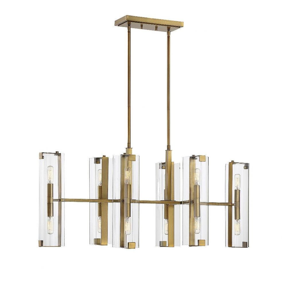 Warm Brass 12-Light Linear Chandelier with Clear Glass Shades