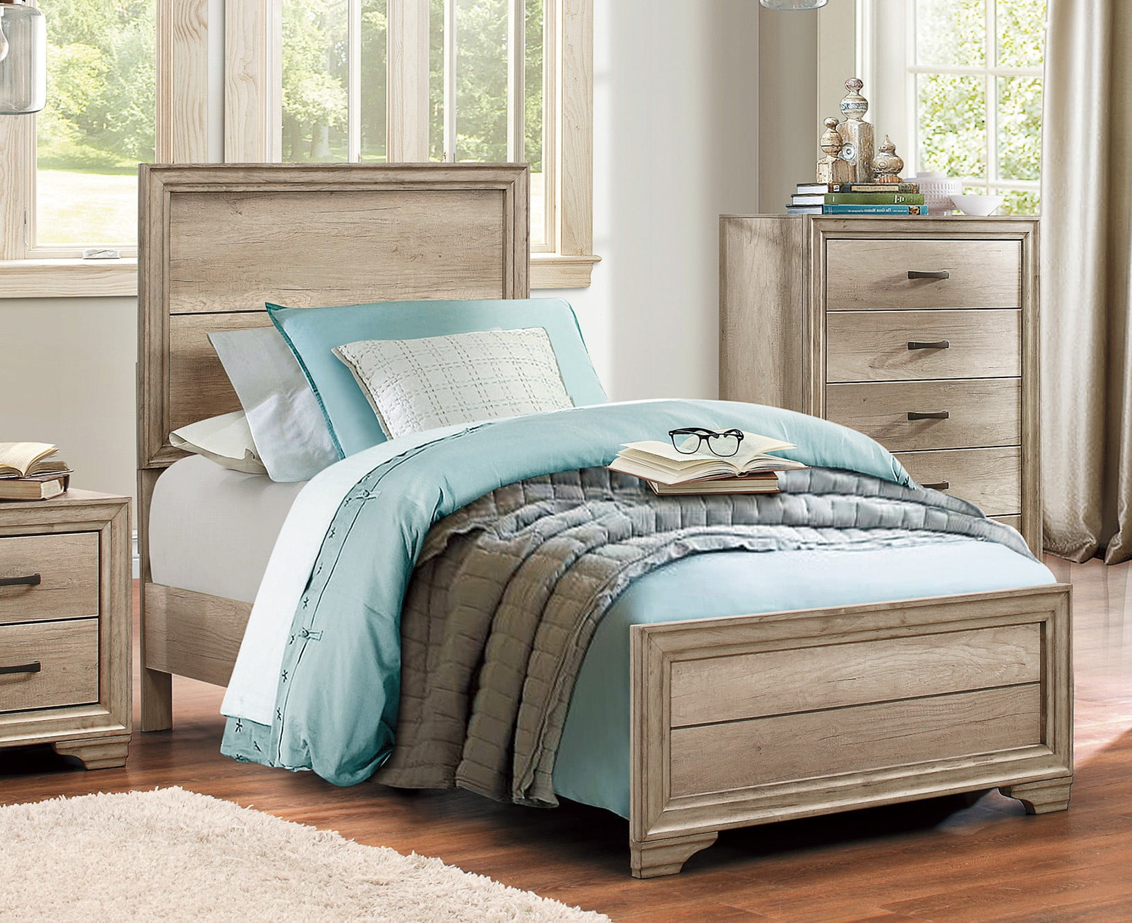 Contemporary Twin Bed Frame with Natural Wood Finish, Melamine Board Construction, Rustic