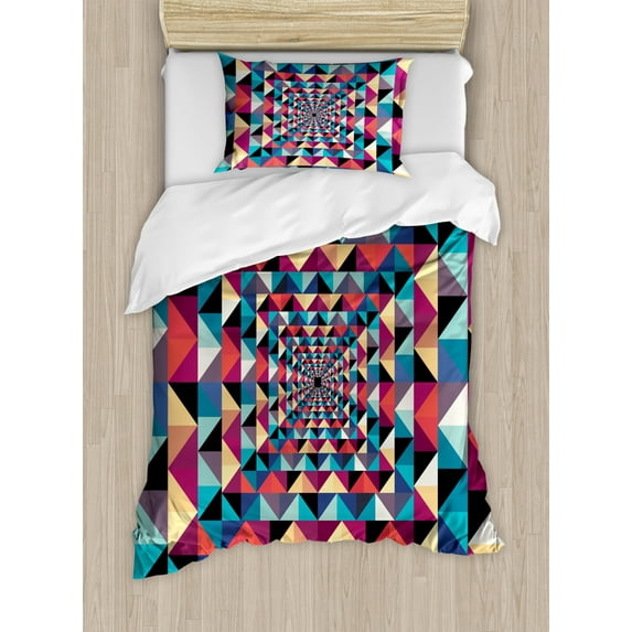Contemporary Twin Size Duvet Cover Set, Modern Style Visual Patchwork Effect with Colorful Retro Composition Print, Decorative 2 Piece Bedding Set with 1 Pillow Sham, Multicolor, by Ambesonne