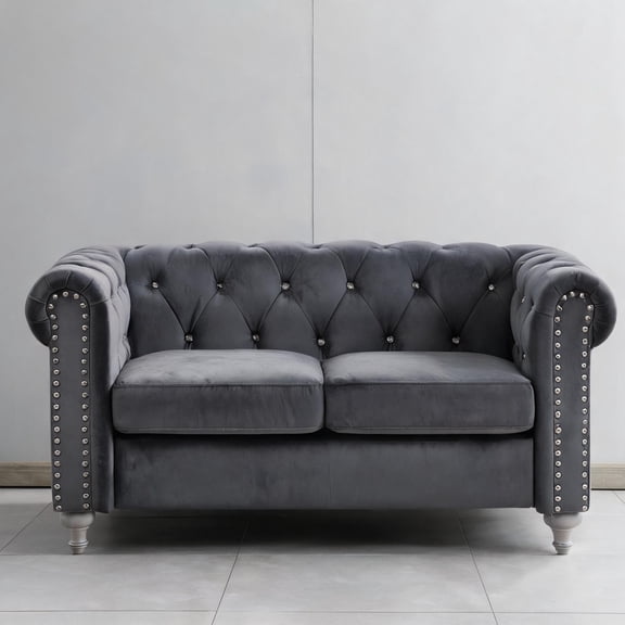 Contemporary Two-Seat Loveseat with Easy Assembly Deep Seating, Neutral Gray Velvet