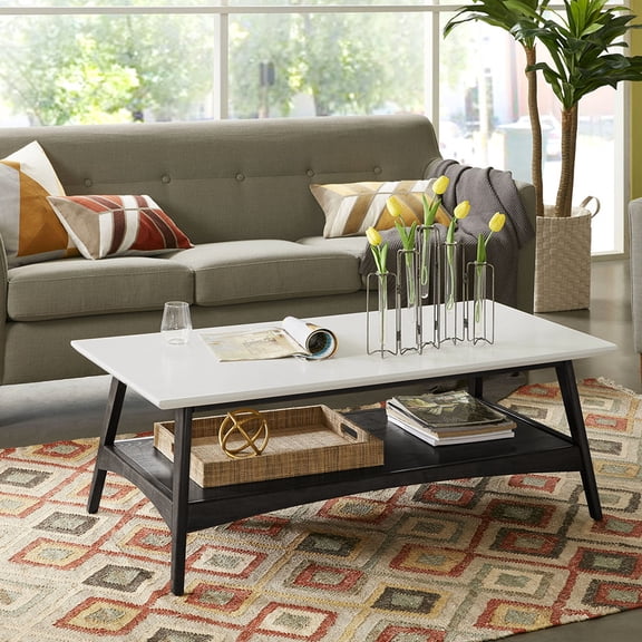 Contemporary Two Tone Solid Wood Coffee Table With Shelf, And Black, Assembly Required, 48"w X 24"d 17"h Frame Storage Space,
