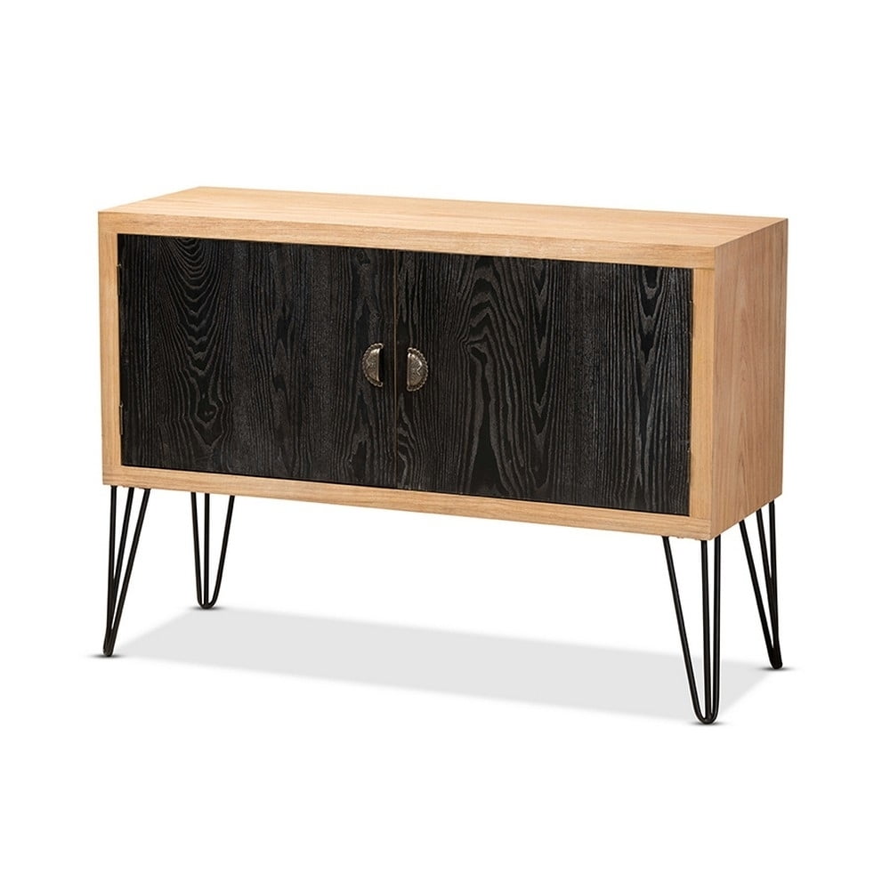 Two-Tone Walnut Brown and Black Wood Storage Cabinet with Metal Legs