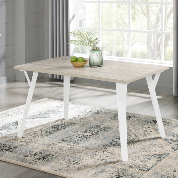 Contemporary Two-tone Table - White And Oak, Leg Design, Accommodates 6 Elegant Rectangular Dining Build, Seating For