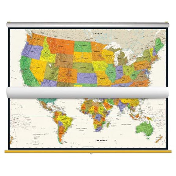 Contemporary US/World Map - Classroom Pull Down 2-Map Set