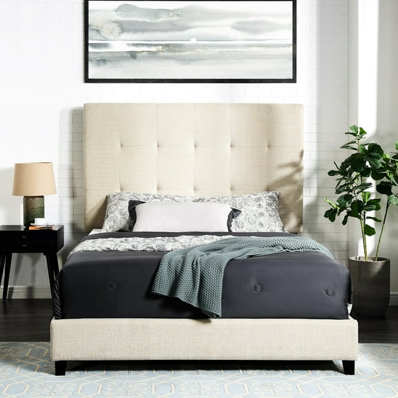 Contemporary Upholstered Bed In Beige With Foot Rail And Padded Upholstery Bedroom 3 Support Slats Foam