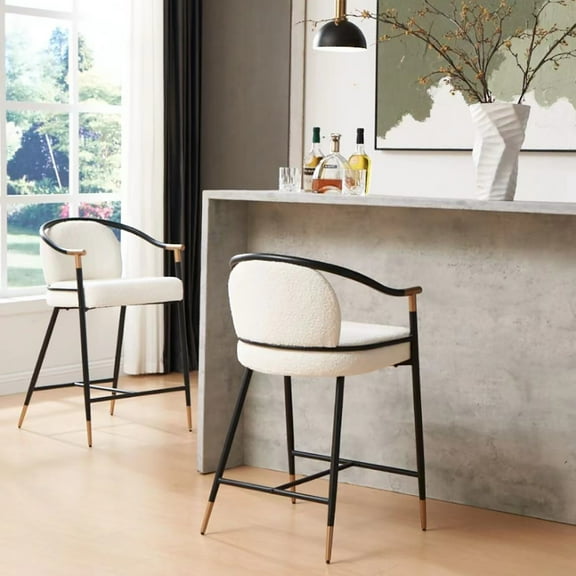 Contemporary Upholstered Counter Stools with Gold Trim and Iron Frame, Beige and Black, Set of 2