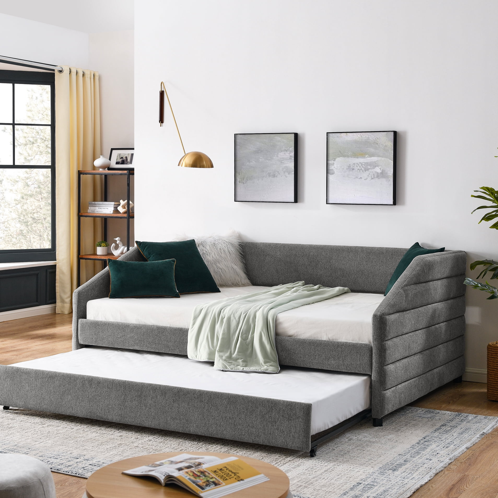 Contemporary Upholstered Daybed With Grey Linen Trundle Bed In Linen