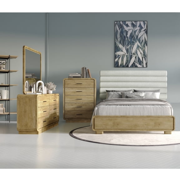 Contemporary Upholstered Headboard Oak Finish 4pc Queen Panel Bed Bedroom Set