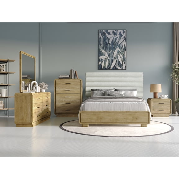 Contemporary Upholstered Headboard Oak Finish 5pc Queen Panel Bed Bedroom Set