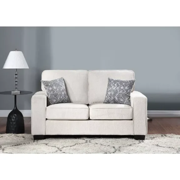 Contemporary Upholstered Loveseat with Pillows, Square Armrest, Living Room 2 Seater Sofa Couch, Beige