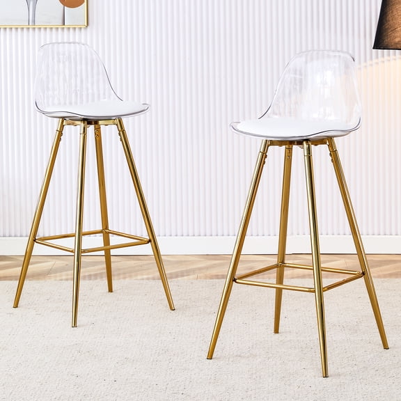 Contemporary Upholstered Metal Legged Bar Chairs - White + Gold, 15" D X 13" W 38" H, 9.29 Lb, Water- Upholstery, Effortless Setup For Home Deck Areas Modern Leg Stools 15 In. Depth 13 Width 38