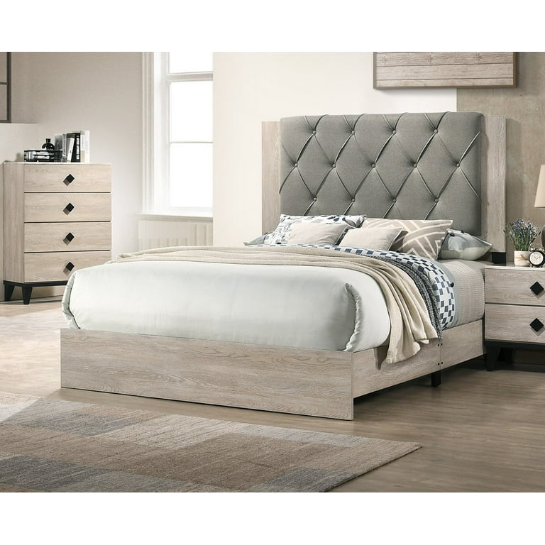 Contemporary Upholstered Tufted Headboard Queen Size Bed Cream Color Wooden 1pc Set Bedframe Slats