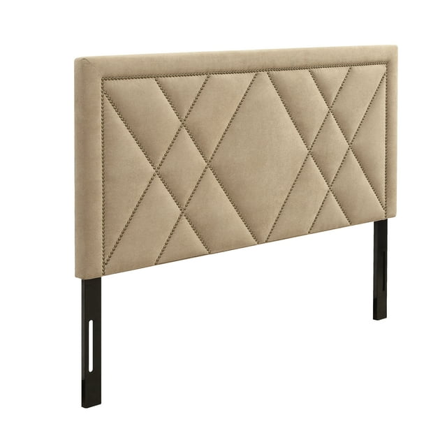Contemporary Upholstered Tufted Nailhead Headboard, Beige (Eastern King