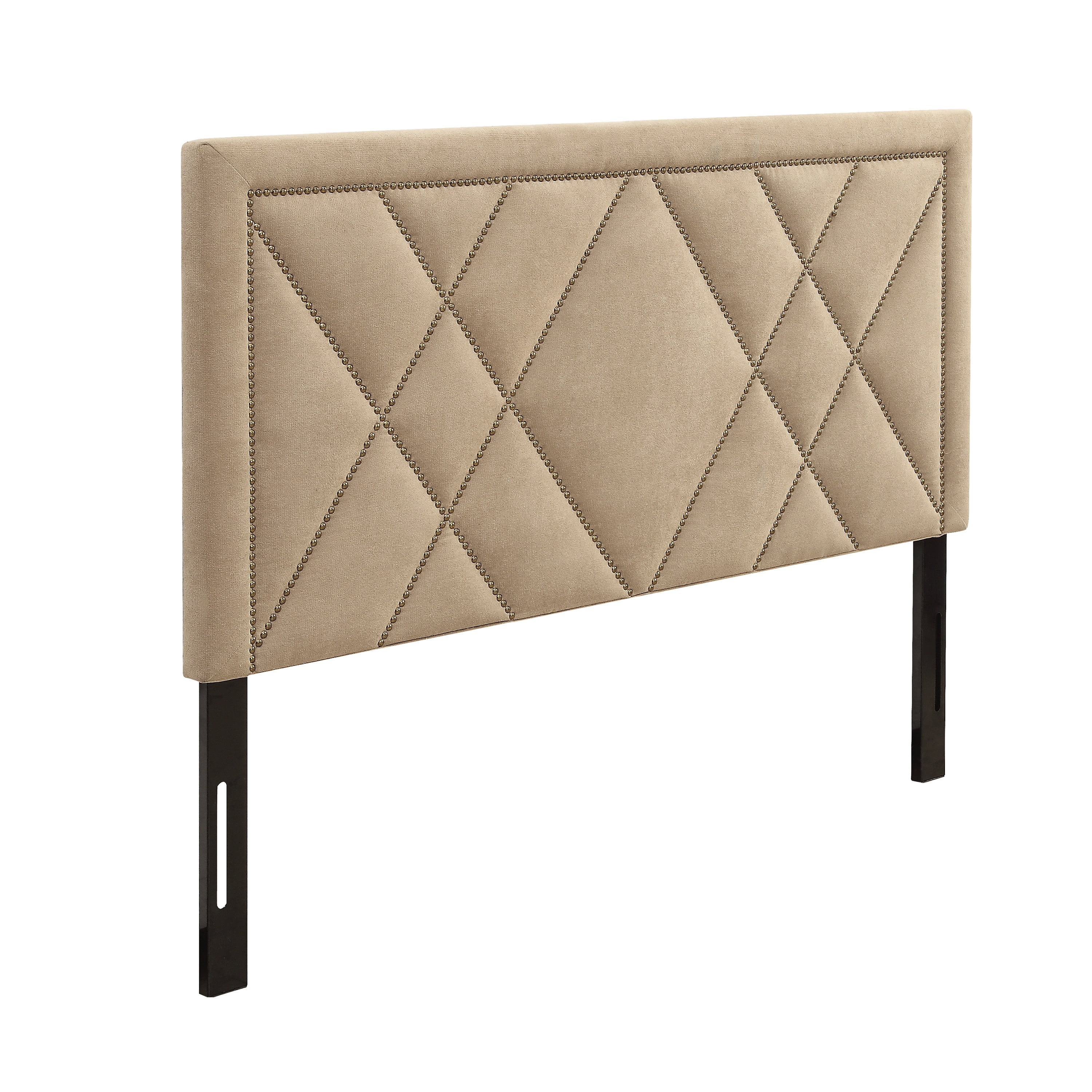 Contemporary Upholstered Tufted Nailhead Headboard, Beige (Queen