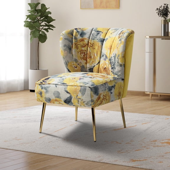 Contemporary Upholstery Accent Chair Metal Base Tufted Back Elegant Pattern seat Home Living Room Bedroom Yellow