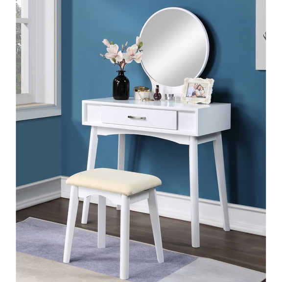 Contemporary Vanity with Round Mirror and Stool / Perfect for Home Daily Makeup