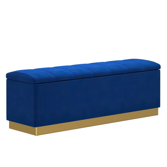 Contemporary Velvet & Faux Leather Storage Ottoman Blue