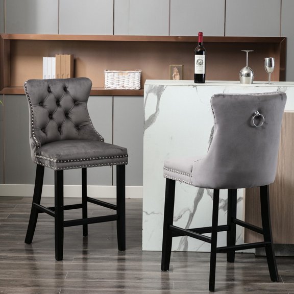 Contemporary Velvet Upholstered Bar Chairs | High - Density Foam Cushion for Long - term Sitting | Chrome Nailhead Trim and Hand - made Hem | Adjustable Legs for Uneven Floors