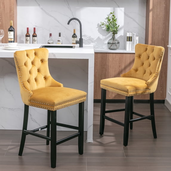 Contemporary Velvet Upholstered Bar Stools Set of 2, Tufted High Back Stools with Solid Wooden Legs, Leisure Style Bar Chairs for Dining Room, Island Kitchen Bar, Gold