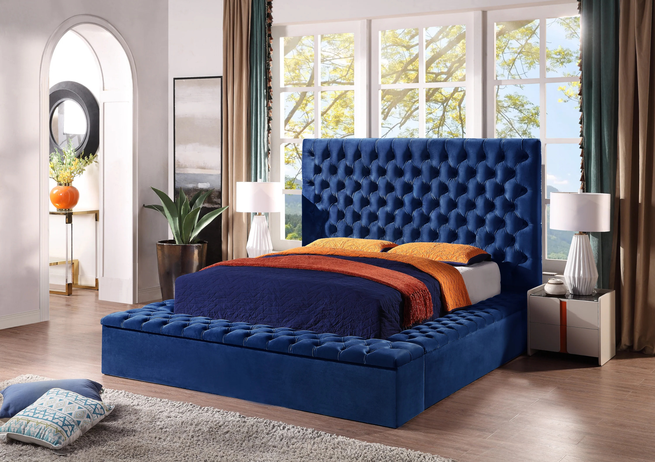 Contemporary Velvet Upholstered Bed with Storage Locker, Deep Button