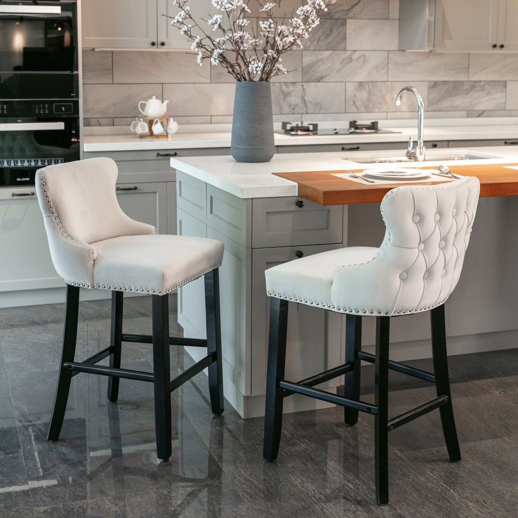 Contemporary Velvet Upholstered Counter Height Bar Stools Set of 2 with ...