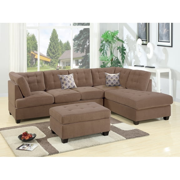 Contemporary Waffle Suede Sectional Sofa with Tufted Cushions and Accent Pillows-Truffle