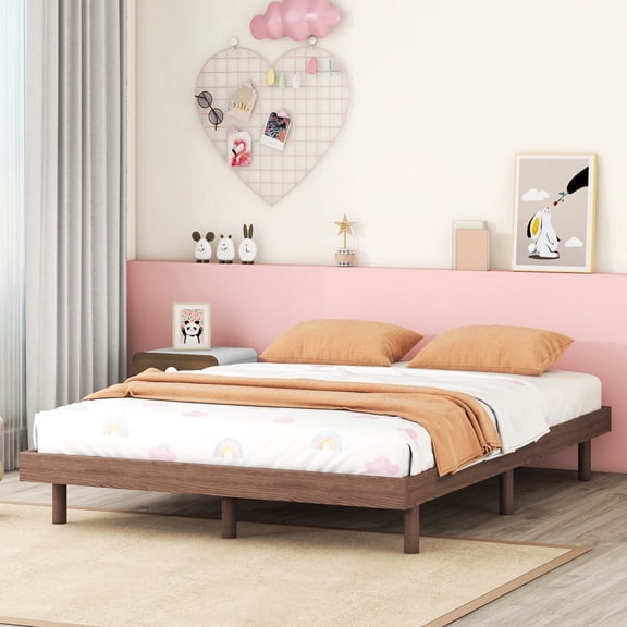 Contemporary Walnut Bed Frame With A Modern Design And Plywood Platform Floating Appearance Legs