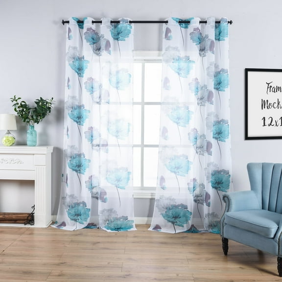 Contemporary Watercolor Petal Print Curtains 63 Inch Length 2 Pieces Green Flower Curtain for Patio Glass Door,Ornamental Grommet Floral Sheer Curtains,2 Panel Set,54W 63L Inches,Blue-Green