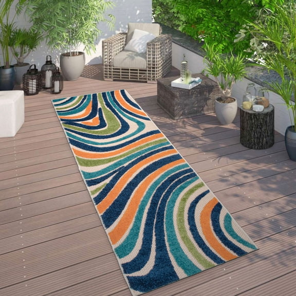 Contemporary Waves Indoor/Outdoor Multi 2'x7' Runner Rug