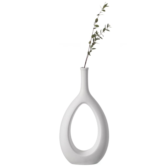 Contemporary White Ceramic Unique Shaped Flower Table Vase Centerpiece, 11 Inch