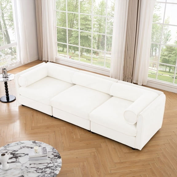 Contemporary White Chenille Sofa featuring Storage & Ergonomic Cylinders - Living Room Essential