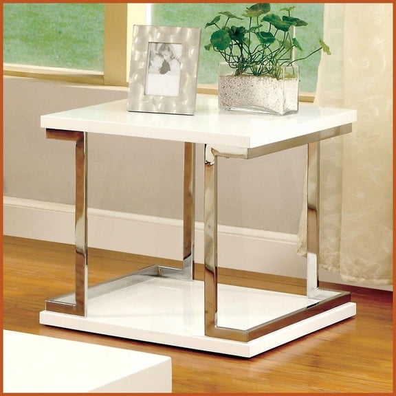Contemporary White Coffee Table with Chrome Frame & High Gloss Lacquer - Open Shelf & Easy Assembly
