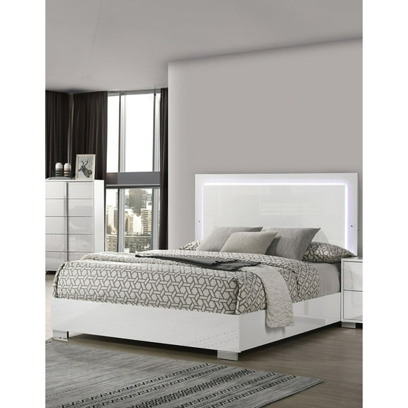Contemporary White Eastern King Bed Frame w/ LED Headboard - Modern Bedroom Furniture | UV Finish, Metal & Engineered Wood, 75.5"W x 83"D | Relaxing Ambiance, Sleek Design, Easy Assembly