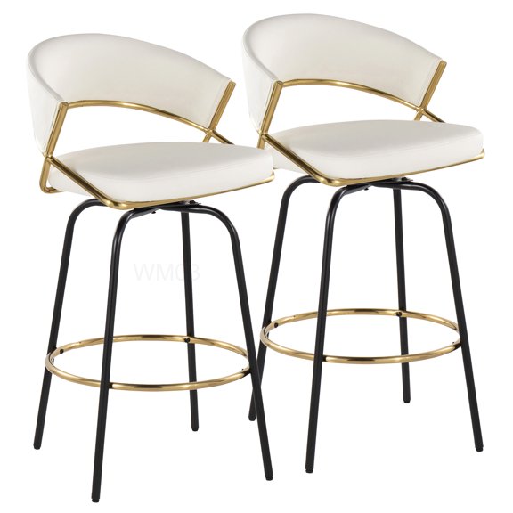 Contemporary White Faux Leather Counter Stools Set of 2 with Swivel Base and Gold Accents