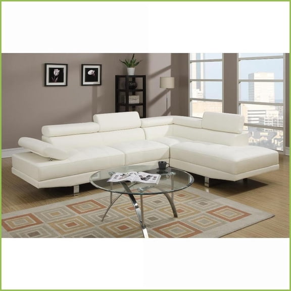 Contemporary White Faux Leather Sectional Sofa  Adjustable Headrests, Right Chaise & Left Sofa for Living Room | White | Faux Leather | Square Arms