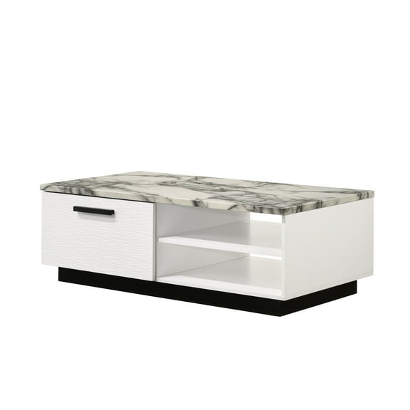 Contemporary White Faux Marble Coffee Table With Practical Drawer Chic Efficient Storage Shelves