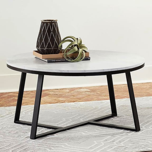 Contemporary White Faux Marble Coffee Table With Stable Matte Black Stand Elegant Round And For Home Decor
