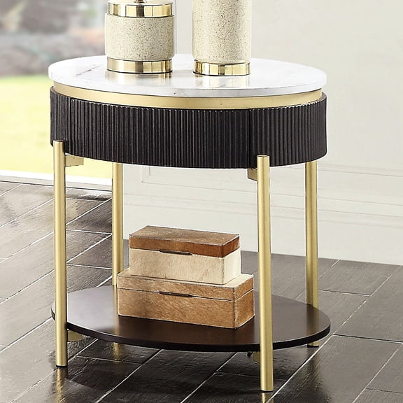 Contemporary White Faux Marble Top End Table With Dark Walnut And Metal Chic Concealed Drawer Marble-like