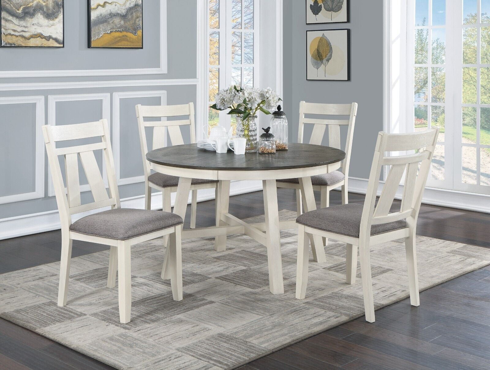 Contemporary White Finish 5pc Dining Set Round Table Side Chairs Gray Cushion Seat Wood Top Kitchen Dining Room Furniture