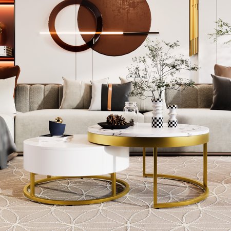 Contemporary White & Gold Round Coffee Table With Nesting Function And Drawer Modern Feature Drawers In Golden Shade Option
