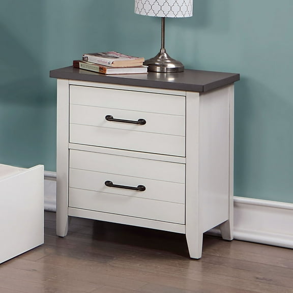 Contemporary White & Gray Solid Wood Nightstand | 2 Dovetail Drawers with Felt-Lined Top & Black Appliance Pull | 22" W x 15.75" D x 23.87" H | Bedroom Furniture