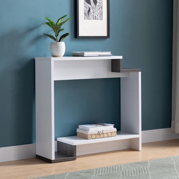 Contemporary White & Grey Console Table 2 Open Shelves