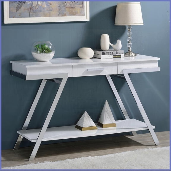 Contemporary White High-Gloss Sofa Table with Chrome Steel Frame - Coffee Table Optional, Storage Drawer & Open Shelf for Living Room